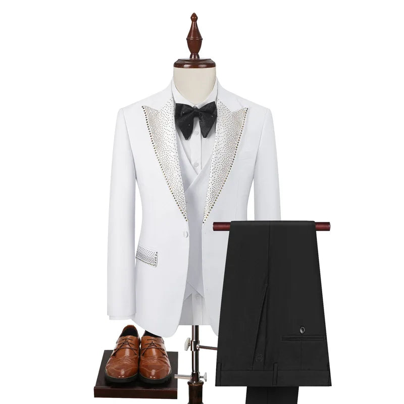Rhinestone Lapel 3 Piece Suit Set (vest+Blazer+Trousers) Business Formal Casual Suits Wedding Groom Party Stage Men's Suit M-5XL
