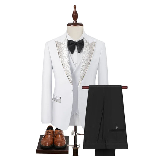 Rhinestone Lapel 3 Piece Suit Set (vest+Blazer+Trousers) Business Formal Casual Suits Wedding Groom Party Stage Men's Suit M-5XL