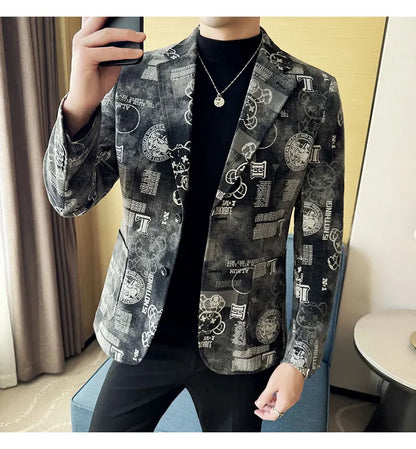 2024 Autumn Winter Jacquard Denim Suit Jacket for Men Fashion Business Casual Blazers Streetwear Social Men Clothing