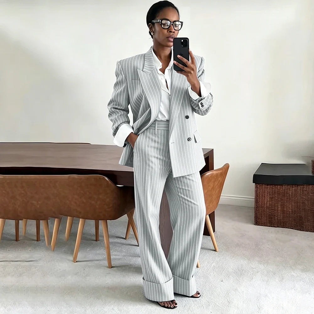 Neutral Gray Pinstripe Oversized Matching Sets Double Breasted Women's Suit Casual Formal 2-Piece(Jacket+Pants) Office Set