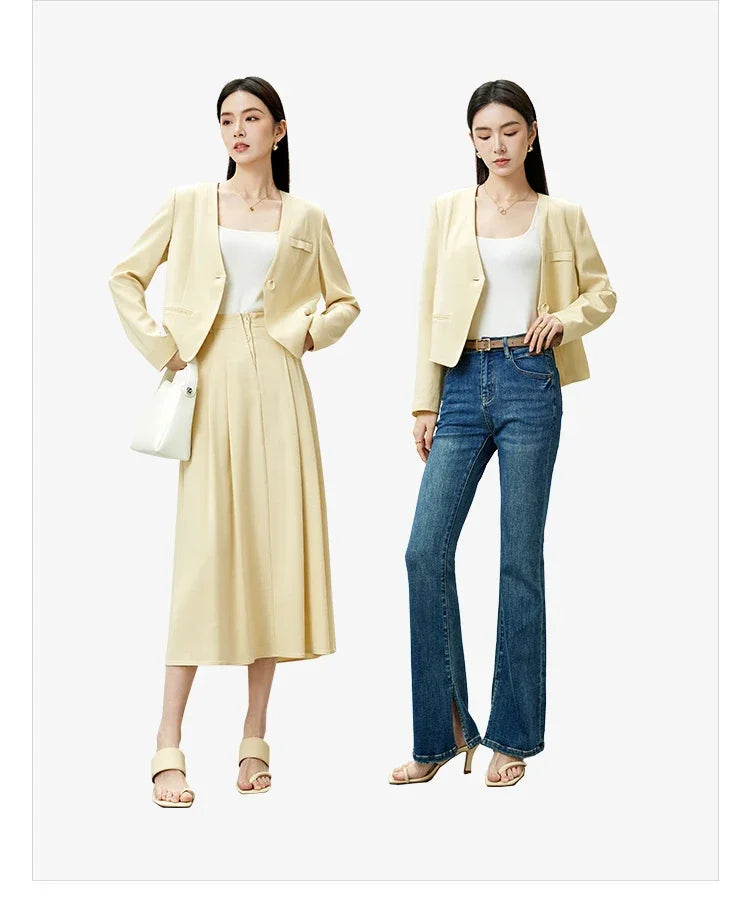 Women Cropped Blazer 2026 Autumn Loose One Button V Neck Jacket Ladies Straight Elegant Commuter Short Coat 141X53363