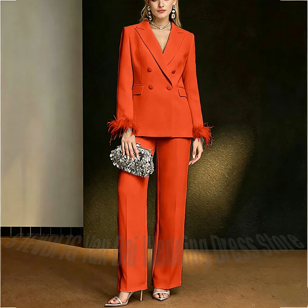 Luxury White Feather Women's Suit Elegant Classic Double Breasted Jacket Pants Formal Evening Party Wedding Guest Outfit