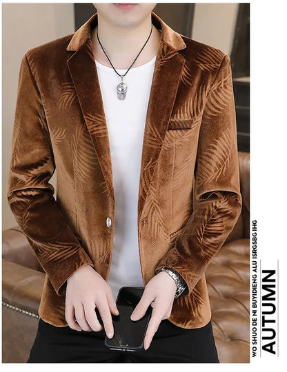 Men's Slim Fit Velvet Blazer – Bamboo Leaf Print Smart Casual Suit Jacket