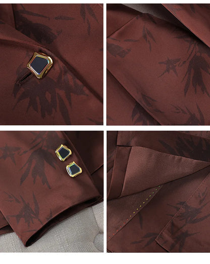 Two-Piece Leaf Print Blazer Pantsuits Set for Women Office Ladies Business Single Buttons Formal Spring Autumn Trousers Suit