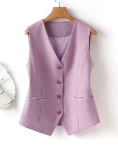 Fashionable Sleeveless Suit Vest for Women in Spring and Autumn Single-Breasted Short V Neck Top Layered with Workplace Elegant W