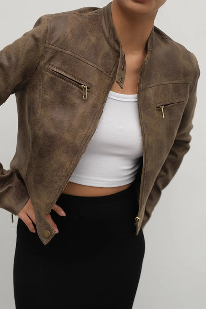 Women's Brown Leather Coat Vintage Y2k Gyaru Fashion Moto Outfit Stand Collar PU Cropped Jacket Top for Women Autumn Winter 2026