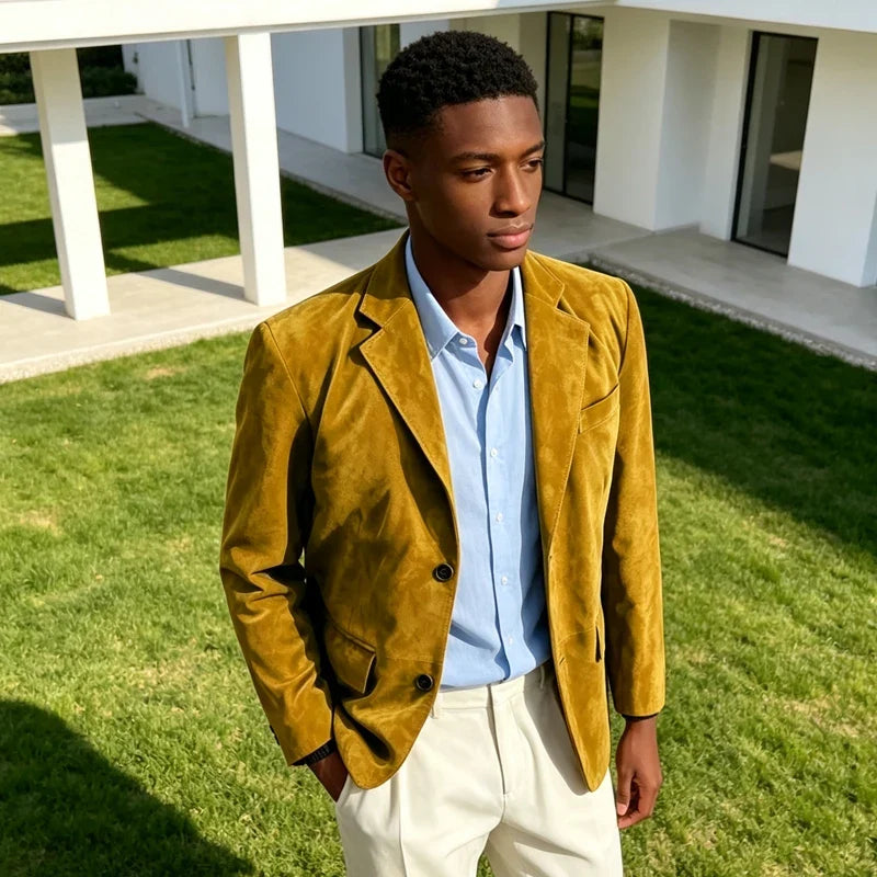Retro Men Faux Suede Blazer Notched Lapel 2 Button Slim Fit Casual Suit Coat Business Formal Jacket For Wedding Party Daily Wear