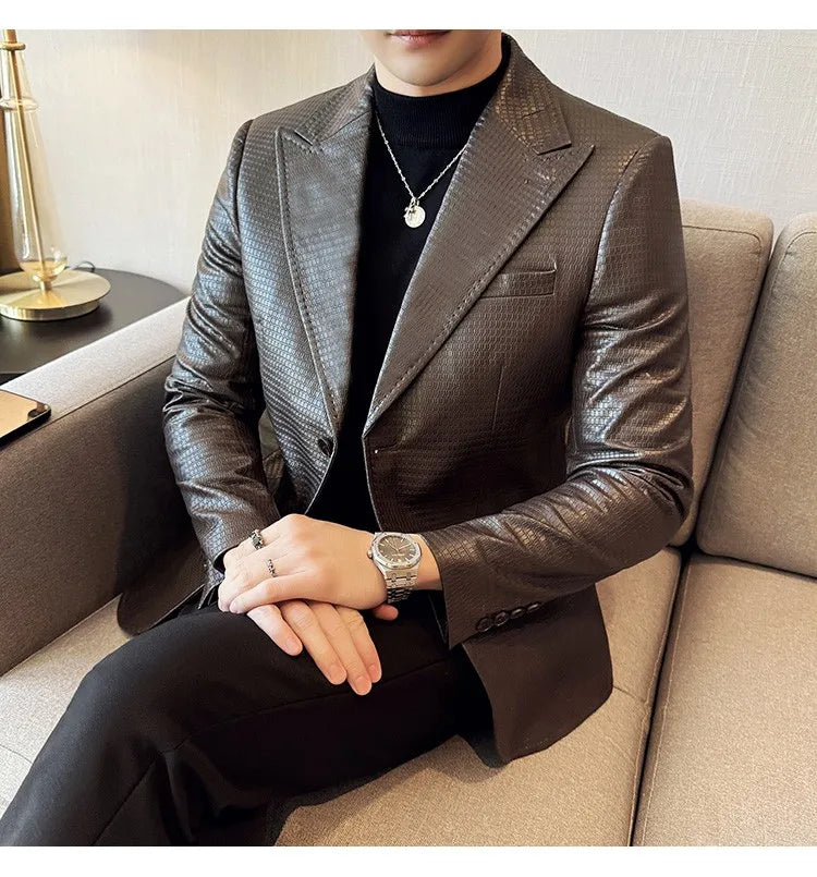 Korean Waffle Leather Suit Jacket Men's Business Casual PU Leather Blazer Slim Fit Wedding Groom Office Social Formal Coats 2026