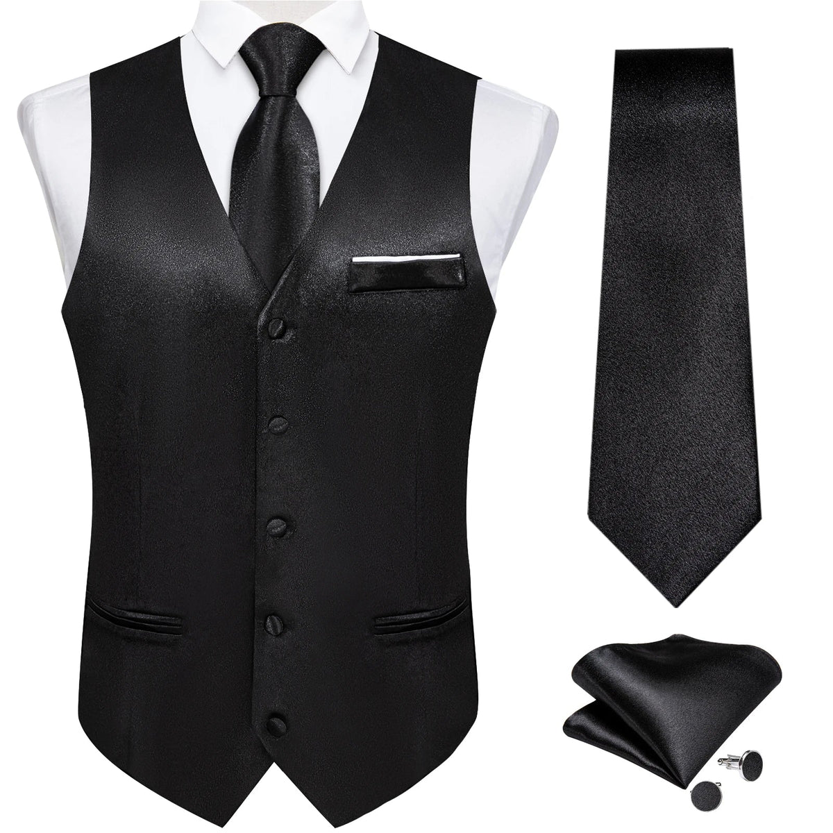 Men's Formal Vest Suit Set — Solid Color Waistcoat with Tie & Pocket Square for Weddings & Parties
