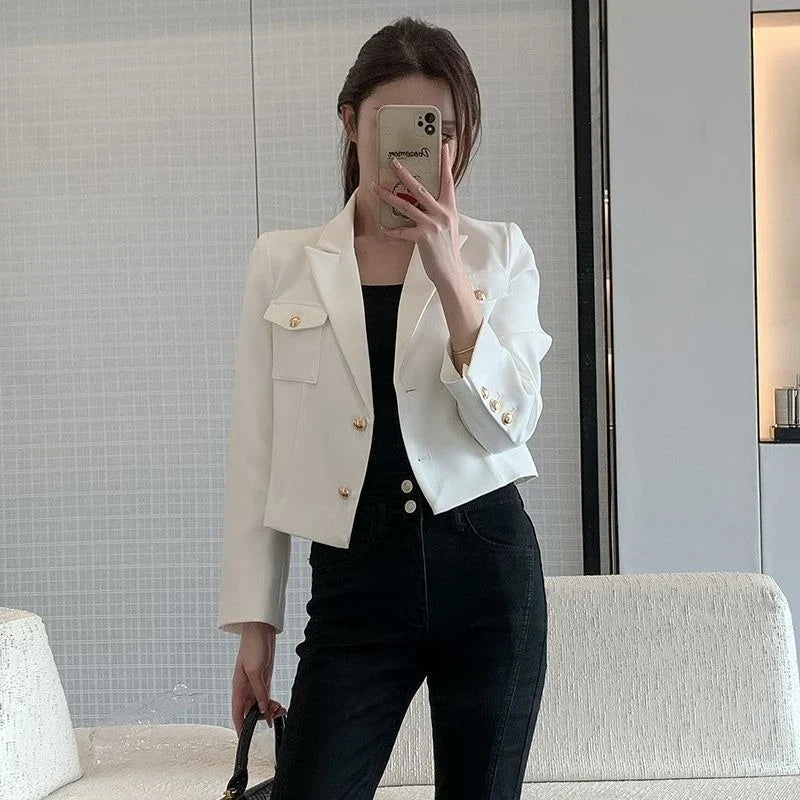 Women's New Petite Short White Suit Jacket Blazer Premium Casual Solid Color Spring Autumn Korean Style Elegant Temperament