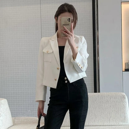 Women's New Petite Short White Suit Jacket Blazer Premium Casual Solid Color Spring Autumn Korean Style Elegant Temperament