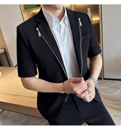 2023 Summer Zipper Decoration Blazers Men Casual Business Suit Jacket Slim Fit 3/4 Sleeve Streetwear Social Jacket Men Clothing