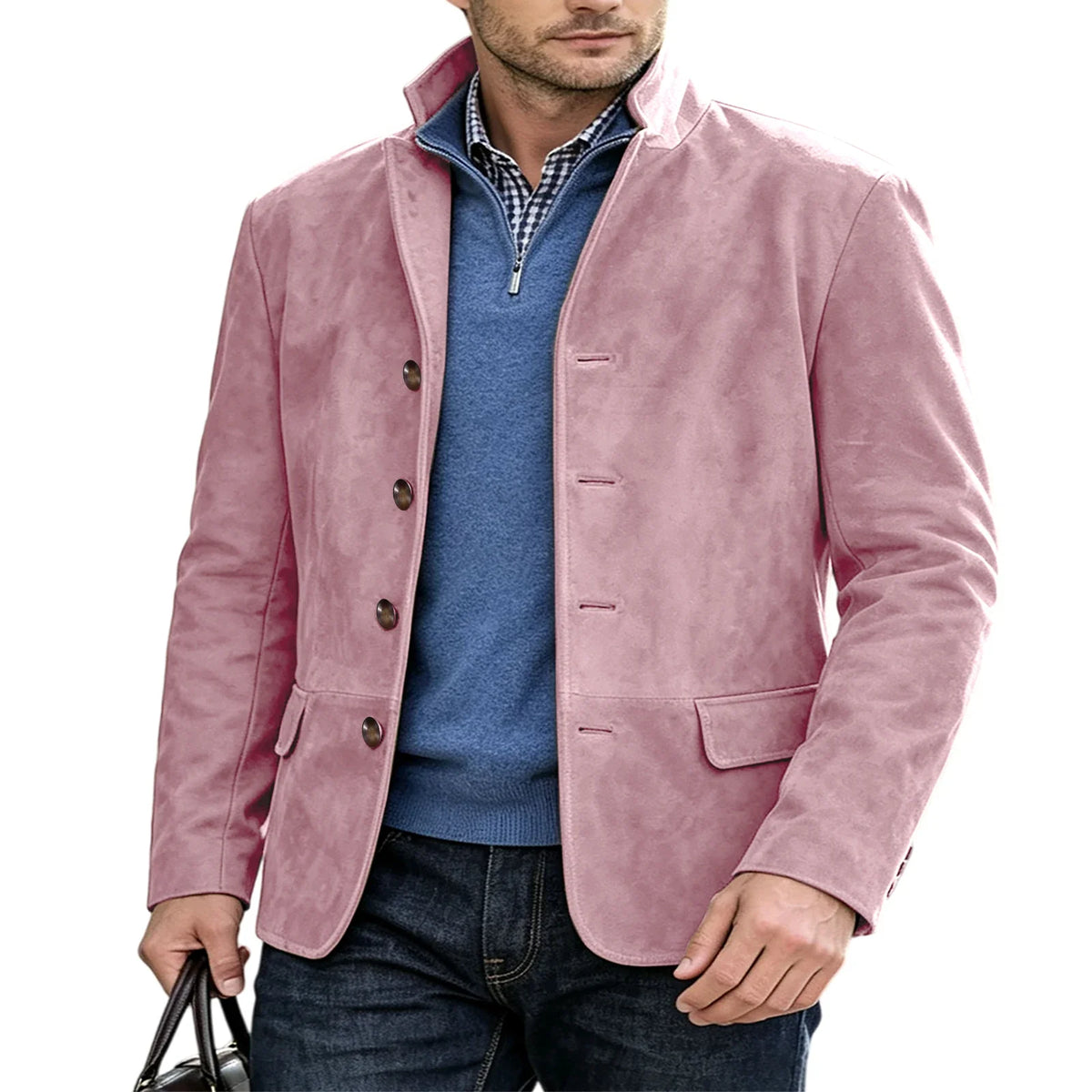 Men's Suede Blazer Single Breasted Slim Fit Classic Stand Collar Suit Jacket for Weddings & Daily Wear