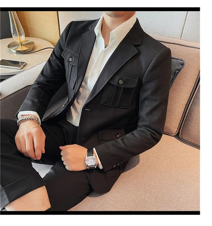 Winter Woolen Suit Jacket for Men Multiple Pockets Slim Fit Casual Business Blazers Masculino Wedding Streetwear Social Coats
