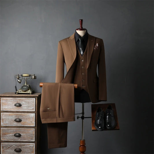Spring Autumn Solid Handsome Suit Set 3 Pieces Blazer Vest Pants,One Button Peak Lapel Men's Suits Engagement Party Tuxedo