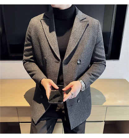 British Style Autumn Winter Thick Double Breasted Woolen Coats High Quality Men Business Casual Warm Suit Jackets Men Clothing