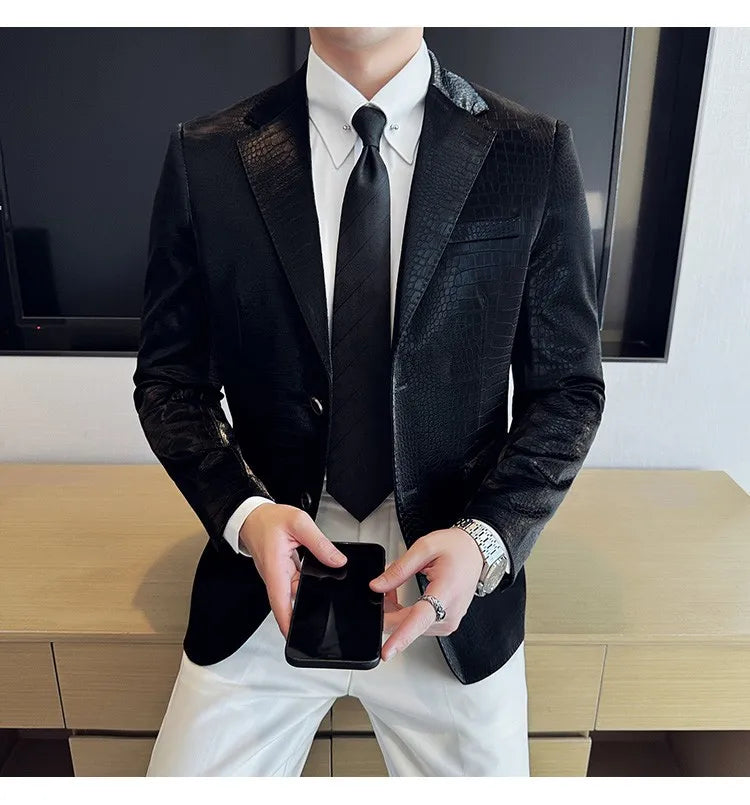 2026 Crocodile Patterned Leather Suit Jacket Men Slim Fit Business Casual Leather Jacket Wedding Groom Party Work Men Blazers