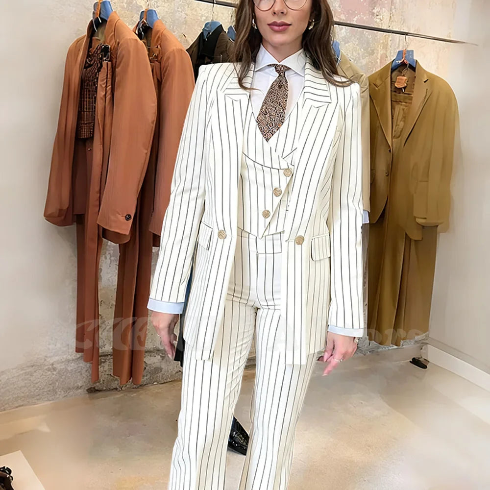 Navy Blue Striped Suit For Women Stylish Single Button Peak Lapel Elegant Outfit Business Meeting Office Formal Set Three Pieces