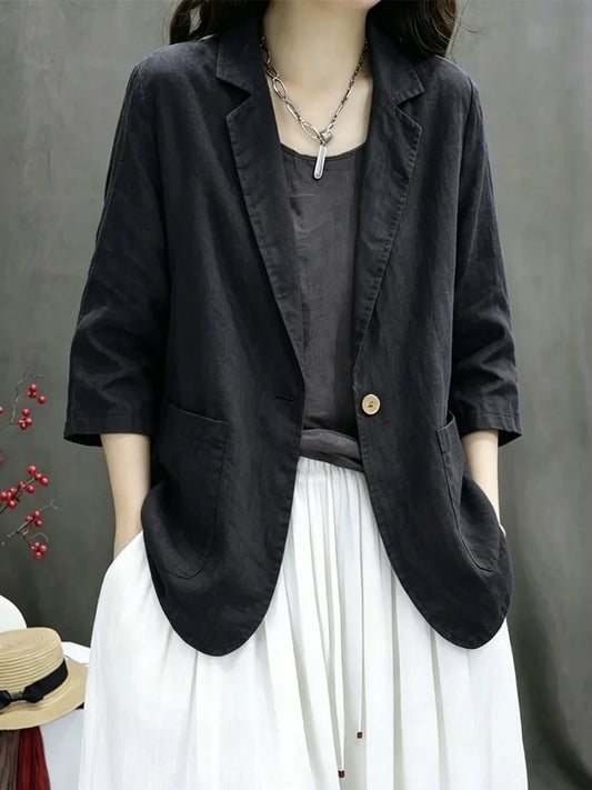 Casual Cotton Linen Short Jacket Women's Small Suit Top Seven Sleeve Regular Thickness Pure Color Single Button Summer 2026