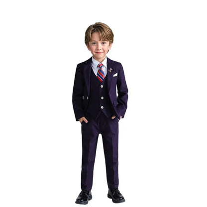Handsome Boys Plaid Suit Set With Blazer Vest Pants Bowtie Brooch 1-11Years Kids Formal Birthday Wedding Party Outfit Suit Set