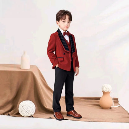 Spring Autumn Kids Blazer Vest Pants Bowtie 4Pieces Outfit Boy Birthday Party Wedding Host Piano Performance Costume