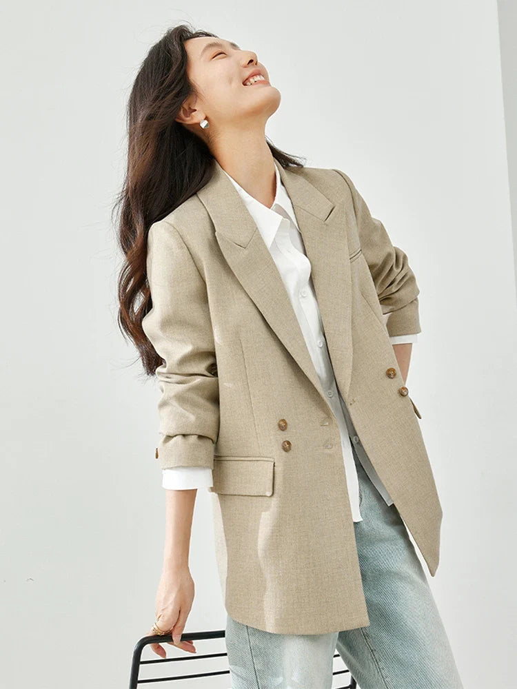 VIMLY Khaki Tailored Coat For Office Ladies 2026 Spring Notched Double Breasted Women Jacket Casual Business Outerwear M5180