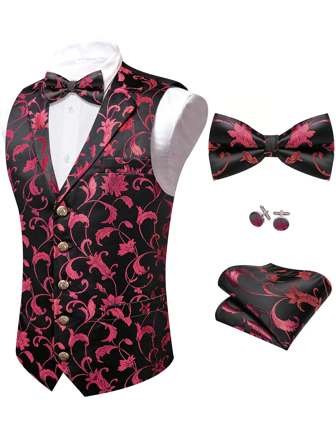 Men's Floral Jacquard Vest Bowtie Set – Pink Wedding Waistcoat for Men