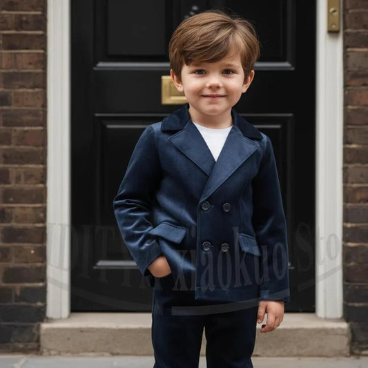Navy Blue Velvet Boys Suit Double Breasted 2 Piece Casual Formal Wear Blazer and Pants Fashion Daily Party Wedding Tuxedo