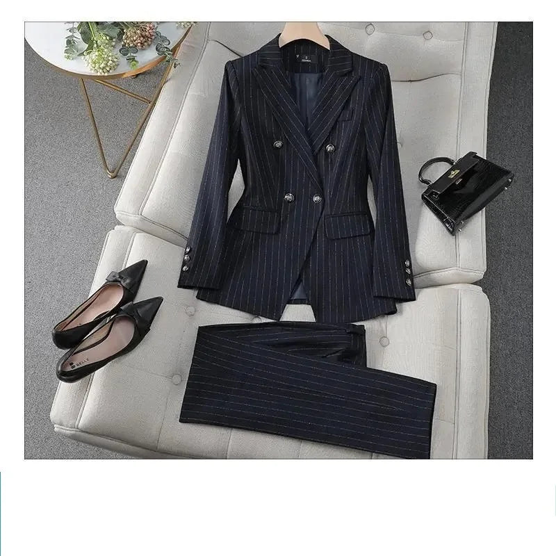 Fashion Autumn Winter Ladies Pant Suit Women Blue Striped Female Business Work Wear Jacket Blazer and Trouser Formal 2 Piece Set