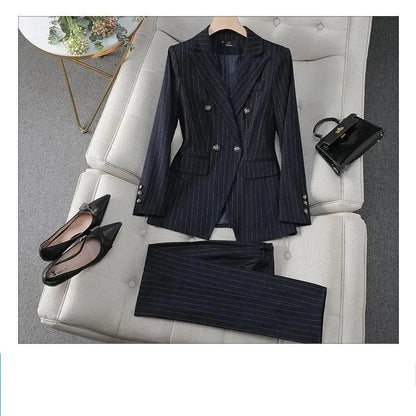Fashion Autumn Winter Ladies Pant Suit Women Blue Striped Female Business Work Wear Jacket Blazer and Trouser Formal 2 Piece Set