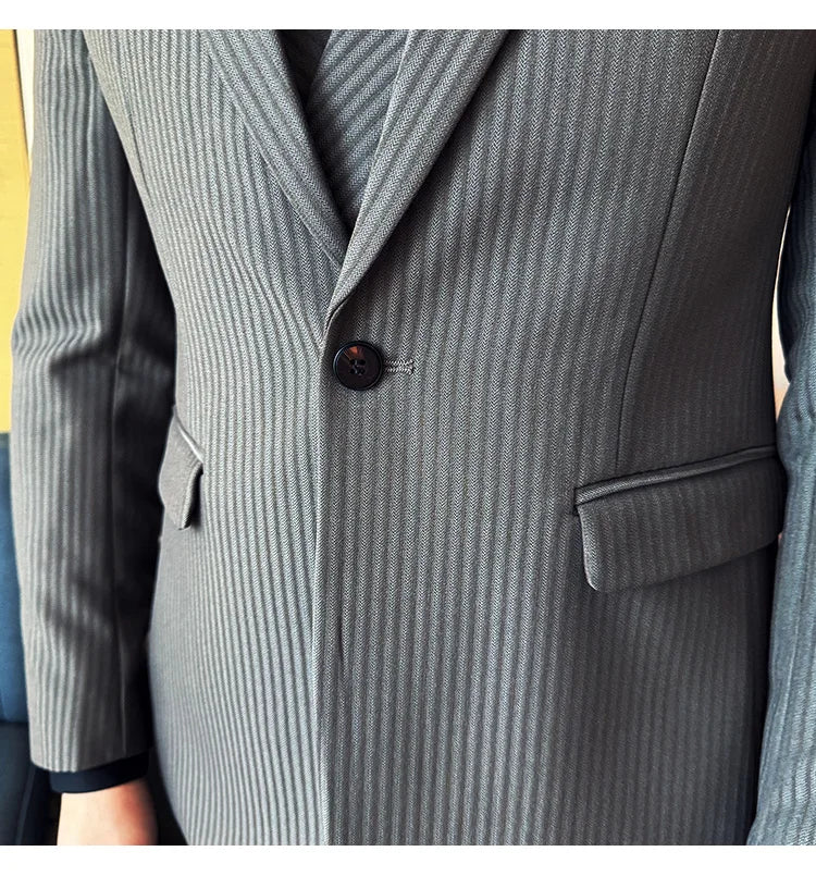 (Jackets+Pants+Vest) Luxury Stripe Men Suit Korean Version Fashion Elegant Slim Fit Tuxedo Formal Groom Wedding Social Suits