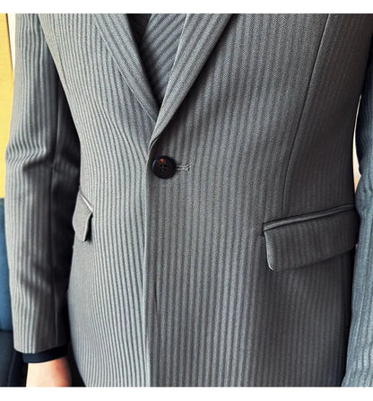 (Jackets+Pants+Vest) Luxury Stripe Men Suit Korean Version Fashion Elegant Slim Fit Tuxedo Formal Groom Wedding Social Suits