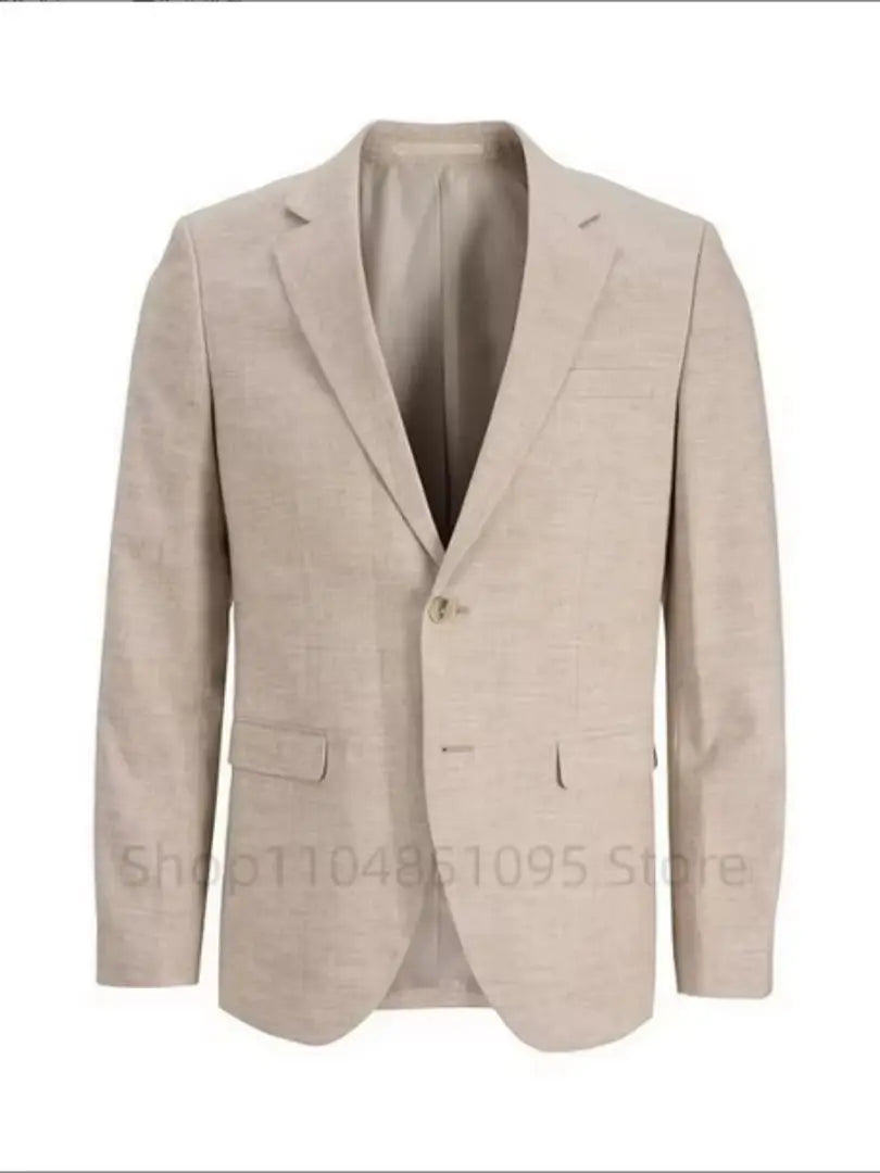 Summer Beige/Blue Slim Fit Men's Linen Suit Blazer Casual Business Wedding Prom Coat Spring Summer New Formal Wear Blazer Coat