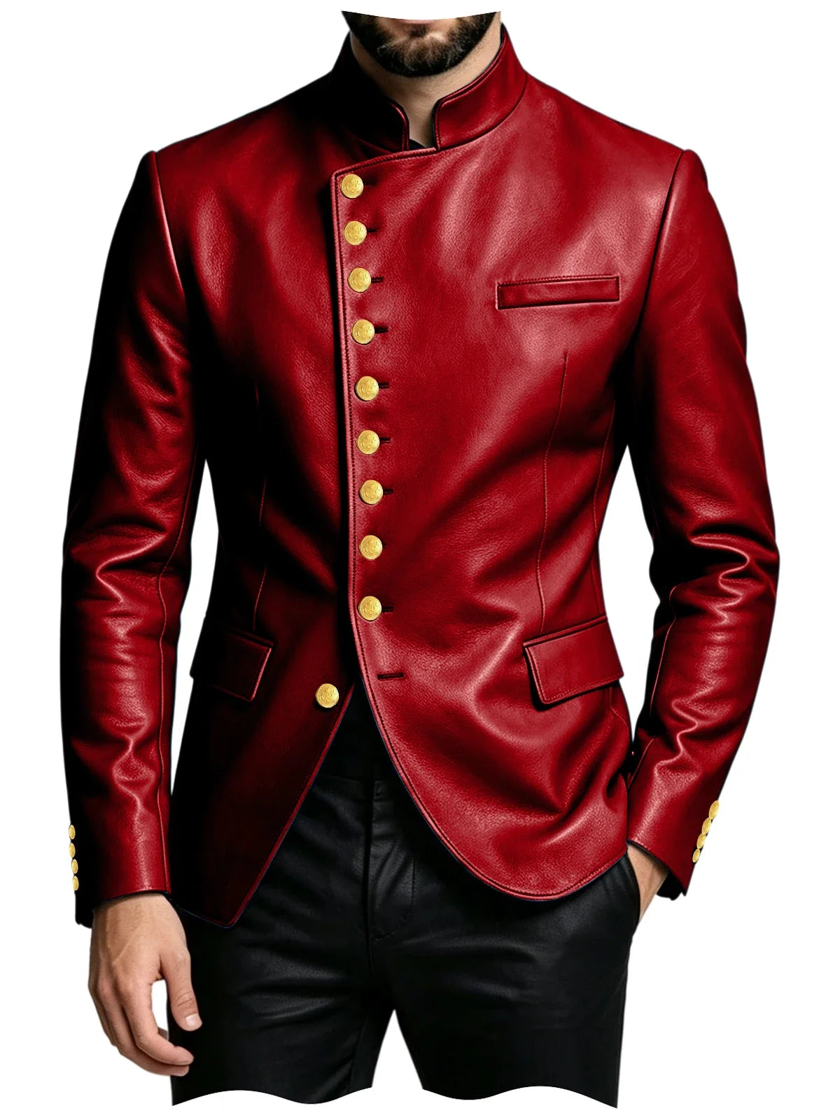 Luxury PU Men's Suit Blazer Single Breasted Stand Collar Slim Fit Leather Jacket Vintage High Quality Business Party Male Tuxedo