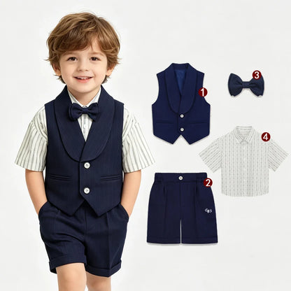 3Pcs Toddler Boy Gray Vest Suit Striped Short Sleeve Shirt Bow Tie Shorts Kids Wedding Baptism Birthday Gentleman Formal Outfit