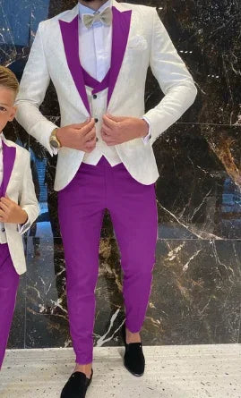 Groom White Floral Men Suits Tuxedo Slim Fit Wedding Suits Groom Full Wedding Gentleman Costume 3 Pieces (Jacket+Vest+Pants)