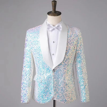 Men's Fashion Slim Fit Sequin Suit Jacket Shawl Formal Lapel Tuxedo Wedding Banquet Host Singer Nightclub Bar Stage Performance