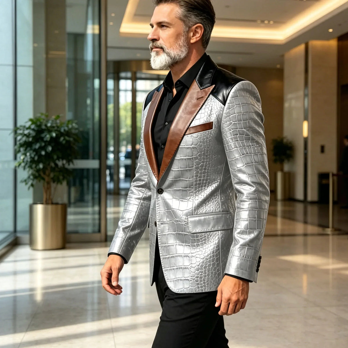 Men's Crocodile Embossed Leather Blazer Luxury Patchwork PU Leather Suit Jacket Slim Fit Peaked Lapel Casual Business Outerwear