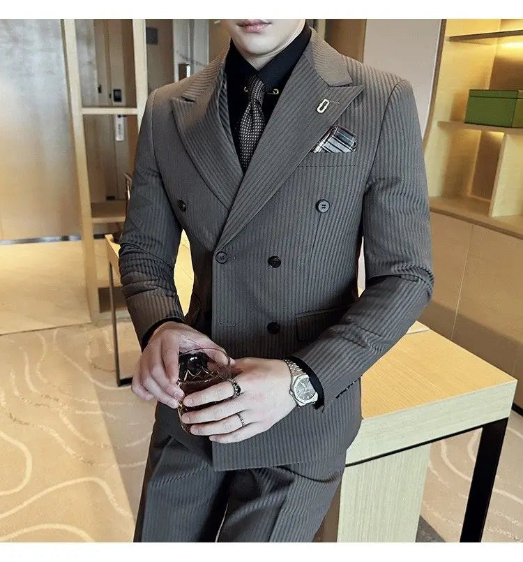 Korean Slim Fitt Wedding Suit Fashion Striped Double Breasted Suit 3 Piece Set Business Formal Casual Party Prom Host Suits
