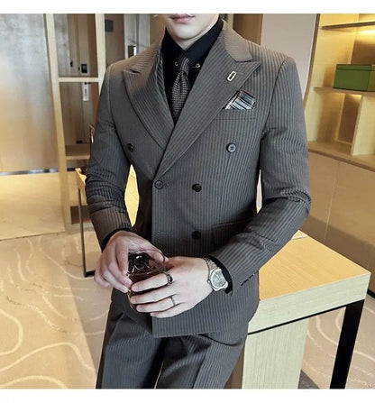 Korean Slim Fitt Wedding Suit Fashion Striped Double Breasted Suit 3 Piece Set Business Formal Casual Party Prom Host Suits