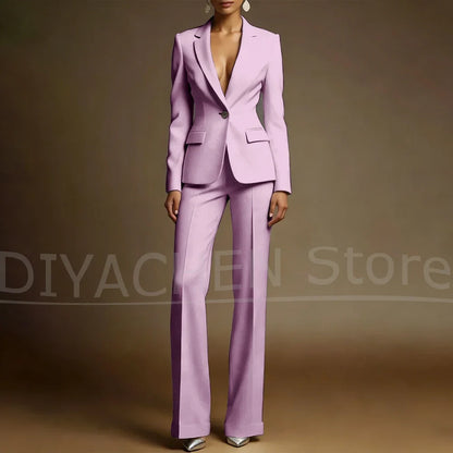 Women's White Suit Set Slim Fit Two Piece Jacket and Wide Leg Pants Office Casual Formal Occasions Elegant Female Outfit