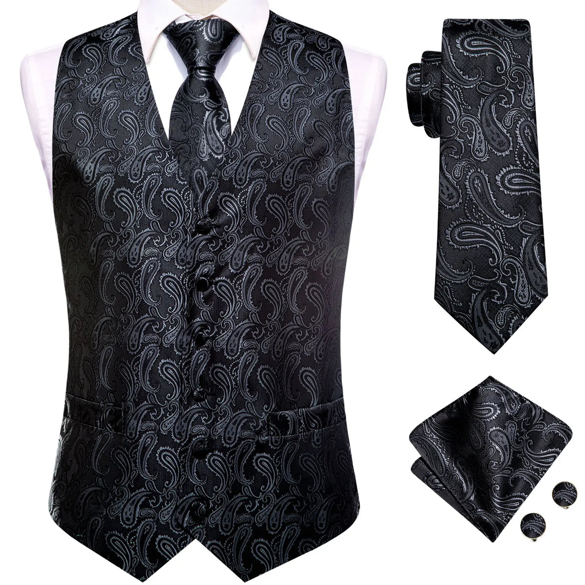 Men's Suit Vest 4-Piece Set | Woven Paisley Waistcoat with Tie, Pocket Square & Cufflinks | Wedding & Business Formal