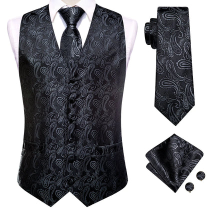 Men's Suit Vest 4-Piece Set | Woven Paisley Waistcoat with Tie, Pocket Square & Cufflinks | Wedding & Business Formal