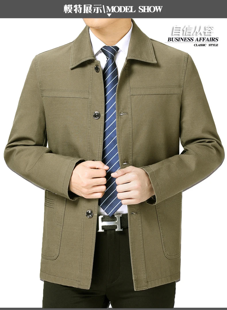 Men's Middle-Aged Cotton Jacket Spring Autumn Lapel Trench Coat Large Size with Buttons Fashionable Classic Outerwear