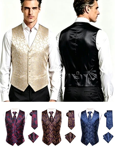 Men's Jacquard Vest 3-Piece Set for Wedding – Vest, Tie & Pocket Square