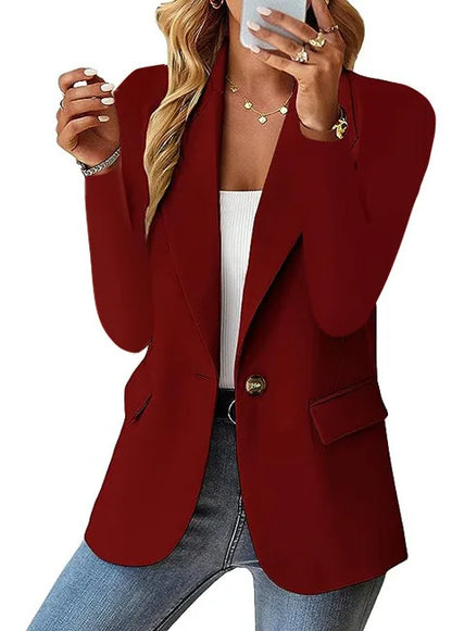 Women's Solid Color Single Button Blazer Autumn Long Sleeve Lapel Office Jacket Slim Fit Casual Workwear with Front Pockets