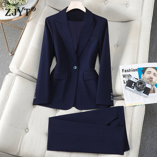 Korean Fashion Work Formal Trousers Blazer Suits Women Autumn New 2026 Commuter Jackets and Pants Sets 2 Piece Outfit Blue