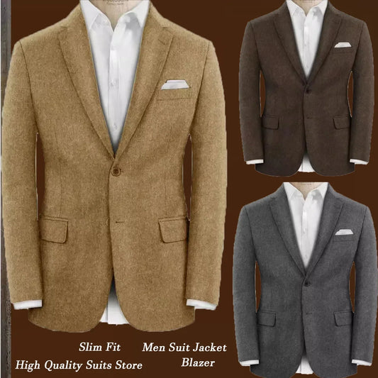 Wool Blazer for Men Single Breasted Slim Fit Classic Style Formal Jacket