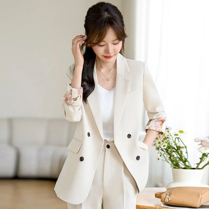 Fashion Elegant Solid Women Blazer Pantsuit Casual Vintage Chic Suit Jackets Wide Leg Pants 2 Pieces Set Female Outfits