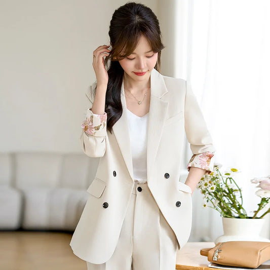 Fashion Elegant Solid Women Blazer Pantsuit Casual Vintage Chic Suit Jackets Wide Leg Pants 2 Pieces Set Female Outfits